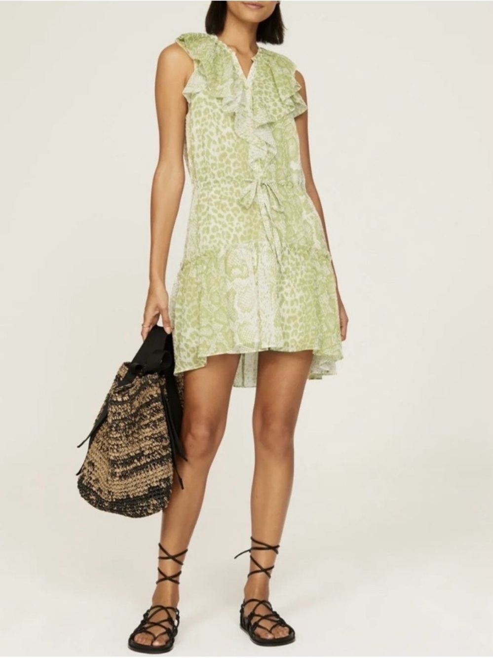 New AllSaints “Ali Noche” snake print tiered high low mini dress 6 retail $299
